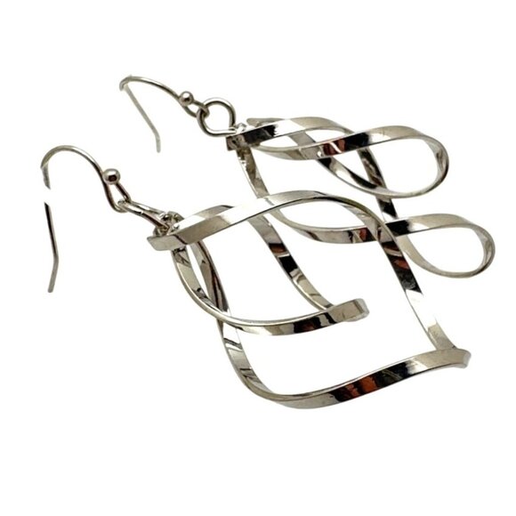 Elegant Silve-Tone Twisted Hoop Dangle Earrings 2 inch Drop Elegant - Picture 4 of 5